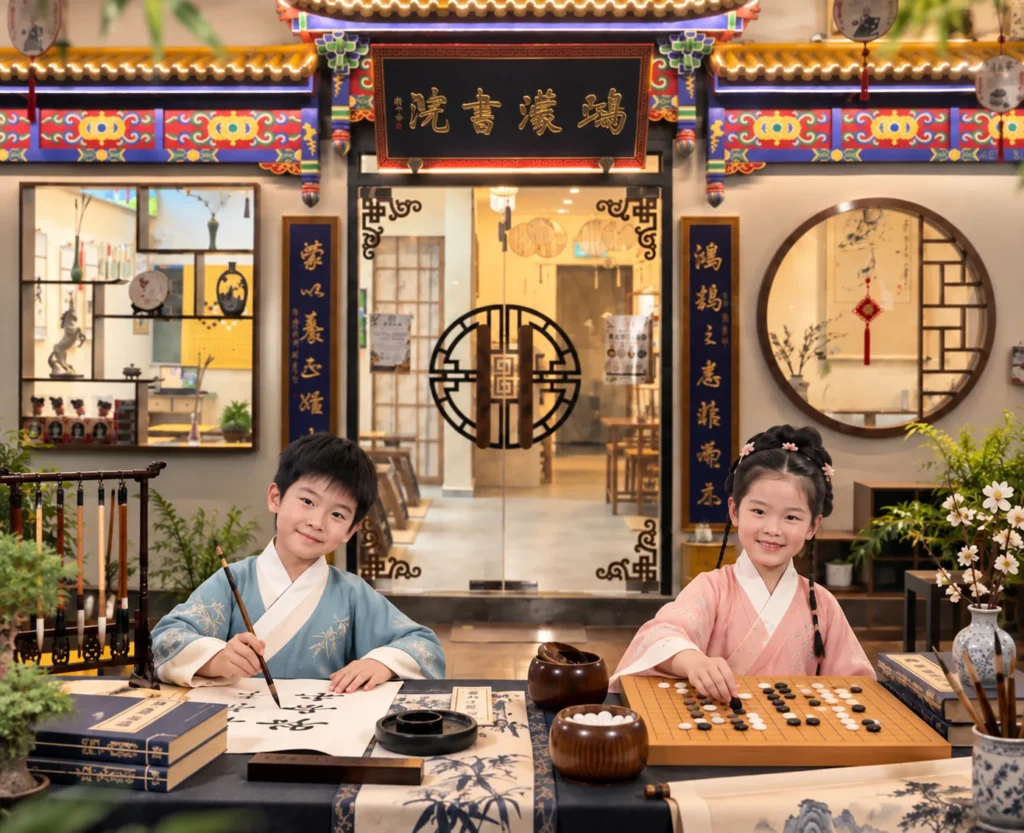 Student Care Children learning calligraphy and Weiqi at Hong Meng Academy in Hougang