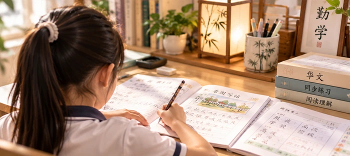 Student completing homework at Hong Meng Academy