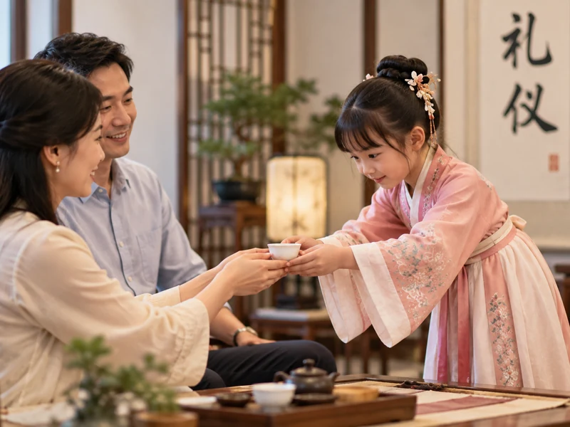 Child practising Chinese tea etiquette with parents at Hong Meng Academy