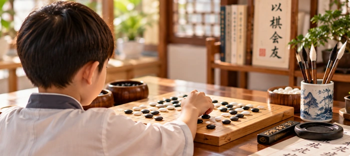Child learning Weiqi with Chinese cultural elements at Hong Meng Academy