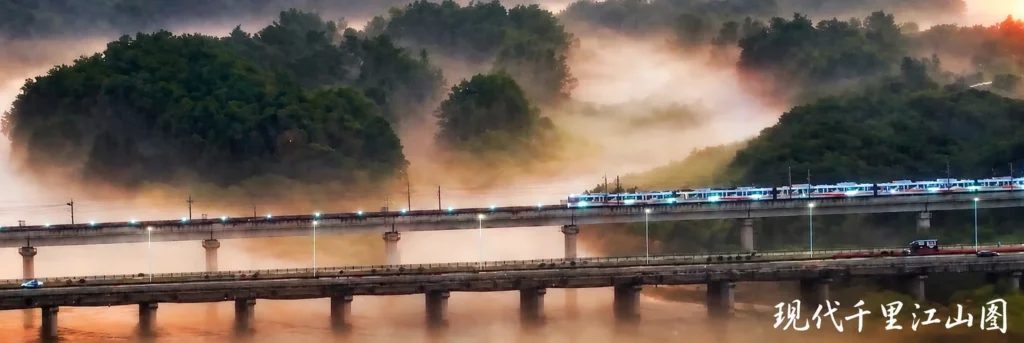 Modern Qianli Jiangshan landscape inspired by Chinese calligraphy aesthetics